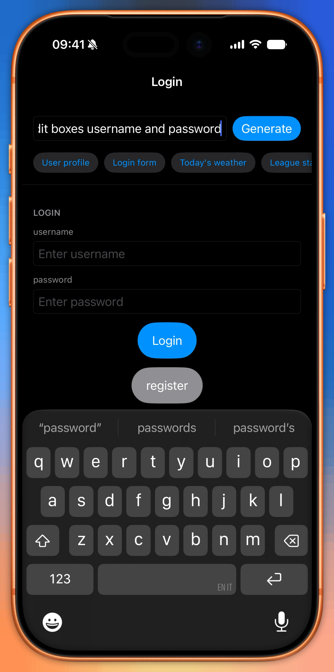 Prompt: A login form with two buttons: Login and register and two edit boxes username and password